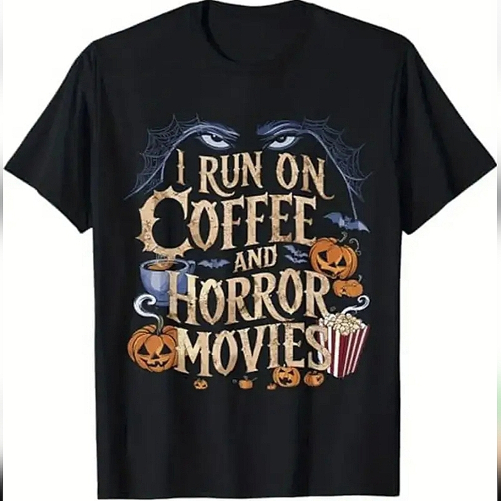 🆕️MENS XXL "I RUN ON COFFEE & HORROR MOVIES" GRAPHIC TSHIRT - Picture 4 of 13